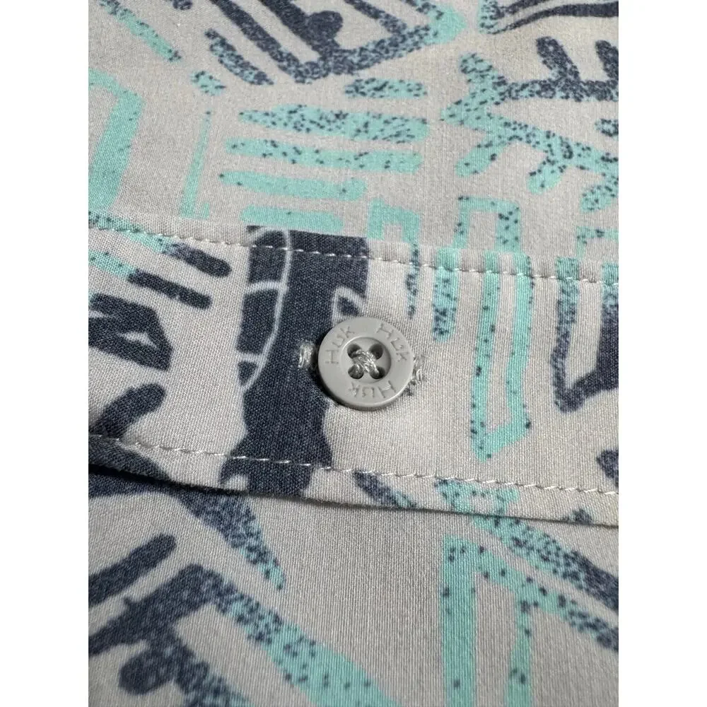 Huk White Blue Swordfish Stretch Button Up Shirt 2XL